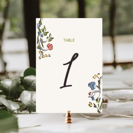 手書きカラフルフローラブライダルシャワー テーブルナンバー