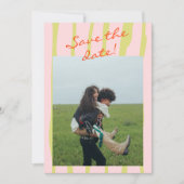 手書きカラフルレトロピンストライプ結婚写真 セーブザデート (正面)