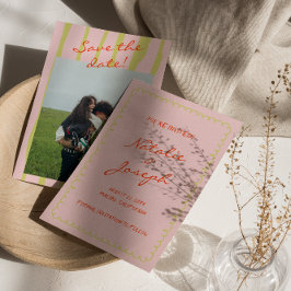 手書きカラフルレトロピンストライプ結婚写真 セーブザデート