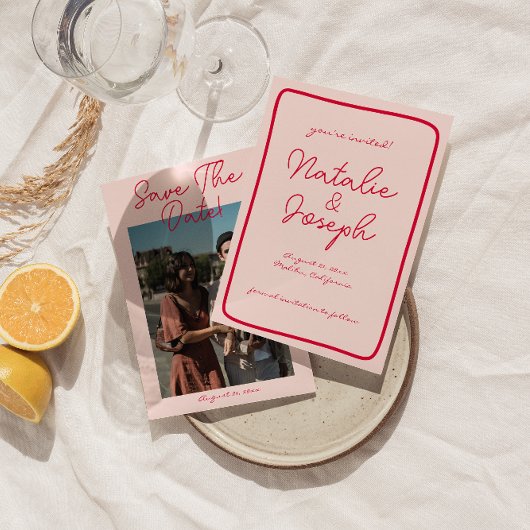 手書きカラフルレトロモダンフォト結婚ズ セーブザデート