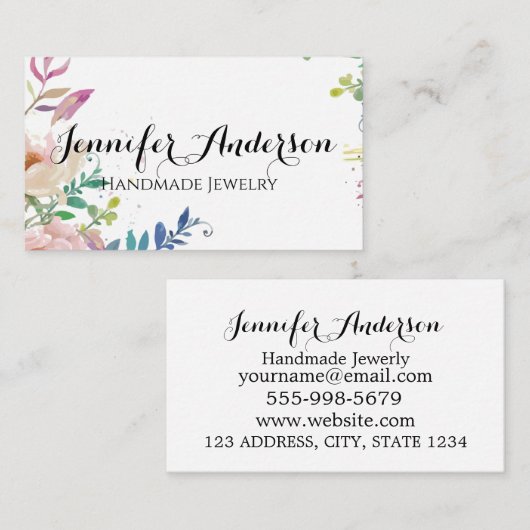 手書きガーリーフローラデザイン手作りジュエリー 名刺 (正面/裏面)