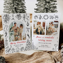 手書きクリスマスカードフォトドゥードルホリデーレッド