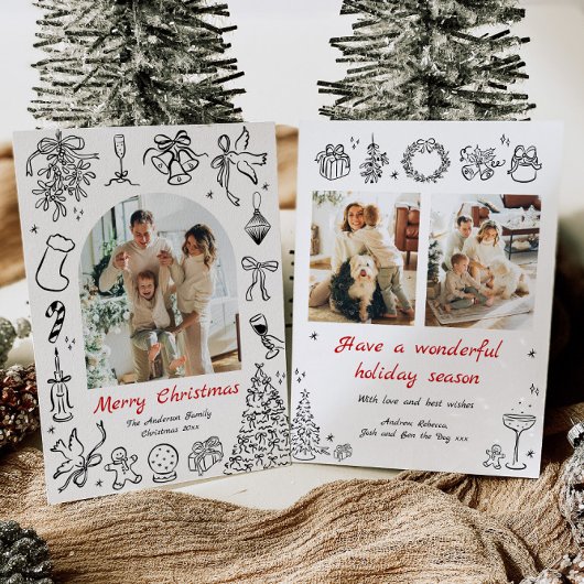 手書きクリスマスカードフォトドゥードルホリデーレッド シーズンカード