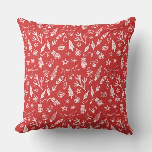 手書きクリスマスデコレーションホリデーセットレッド クッション (正面)