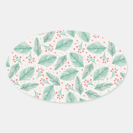 手書きクリスマスパインの枝グリーンレッドホワイト 楕円形シール