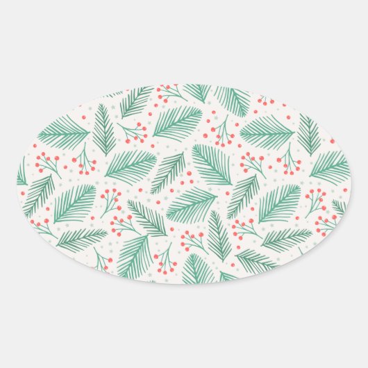 手書きクリスマスパインの枝グリーンレッドホワイト 楕円形シール (正面)