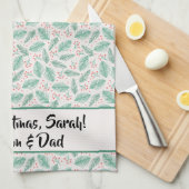 手書きクリスマスパインの枝グリーンレッド キッチンタオル (四つ折り)