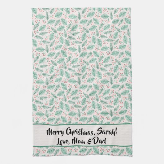 手書きクリスマスパインの枝グリーンレッド キッチンタオル (縦)