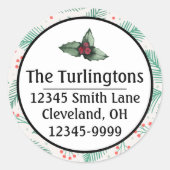 手書きクリスマスパインブランチ差出人住所 ラウンドシール (正面)