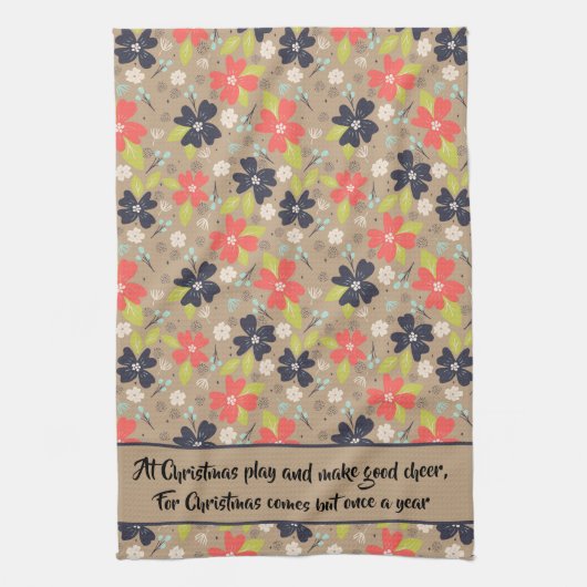 手書きクリスマスポインセチア赤白海軍 キッチンタオル (縦)