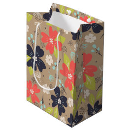 手書きクリスマスポインセチア赤白海軍 ミディアムペーパーバッグ