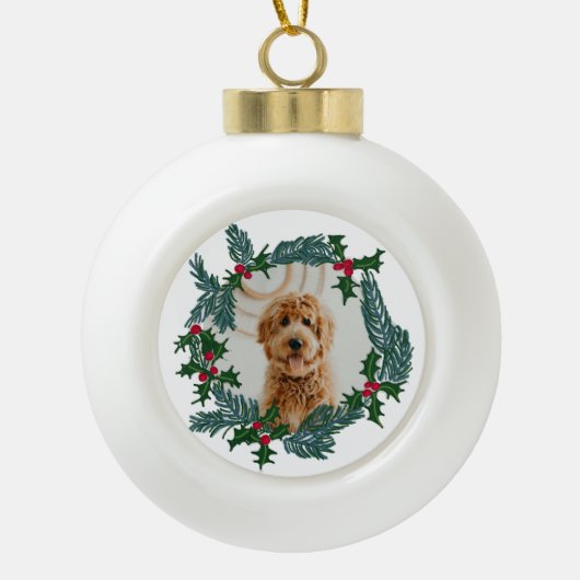 手書きクリスマスリース、カスタマイズ可能な写真 セラミックボールオーナメント (正面)