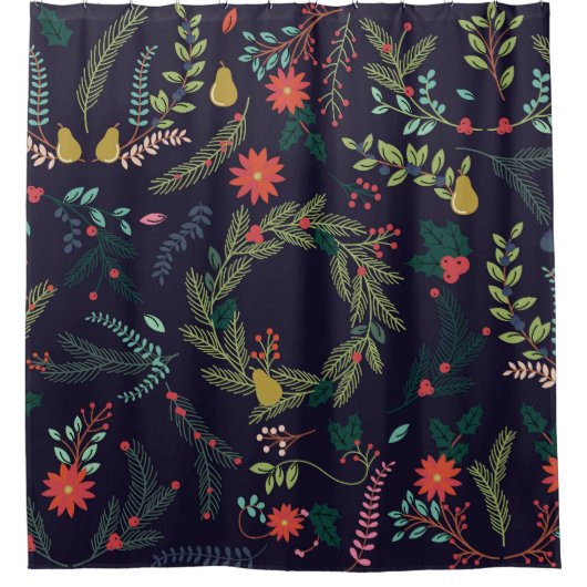 手書きクリスマス花模様:ヴィンテージコレクション シャワーカーテン (正面)