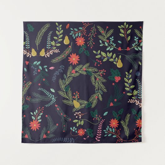 手書きクリスマス花模様:ヴィンテージコレクション タペストリー (正面)