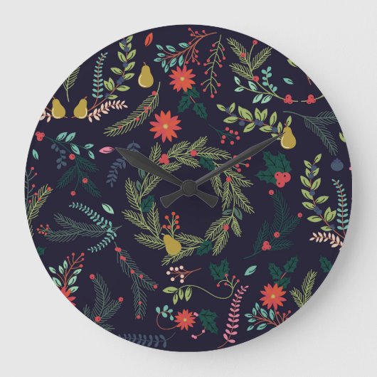 手書きクリスマス花模様:ヴィンテージコレクション ラージ壁時計 (正面)
