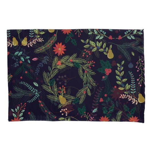 手書きクリスマス花模様:ヴィンテージコレクション 枕カバー (正面)