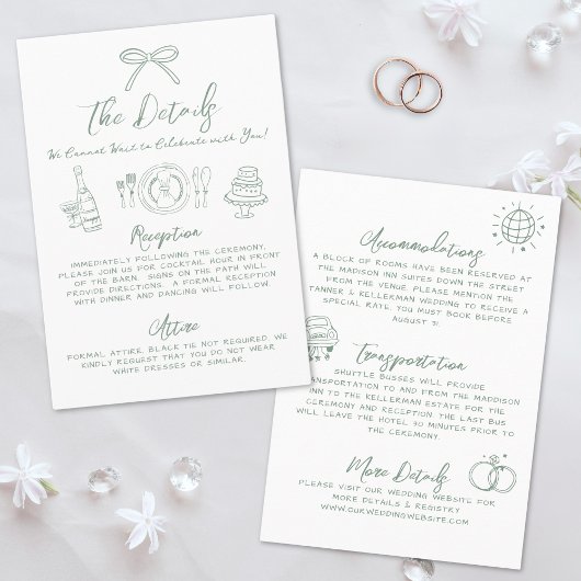 手書きグリーンお洒落の結婚詳細 エンクロージャーカード