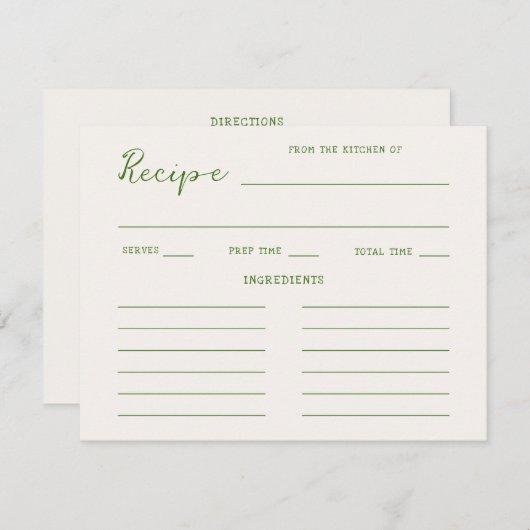 手書きグリーンブライダルシャワーレシピ エンクロージャーカード (正面/裏面)