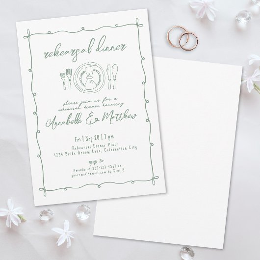 手書きグリーン結婚のリハーサルディナー 招待状