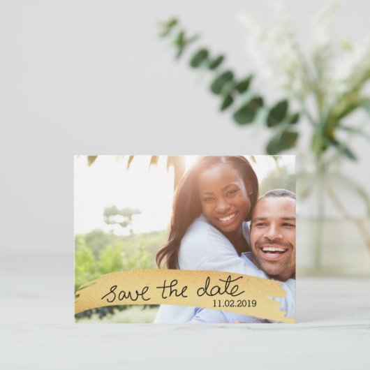 手書きゴールドフォイルフェイクフォトの日付を保存 案内ポストカード (スタンド正面)