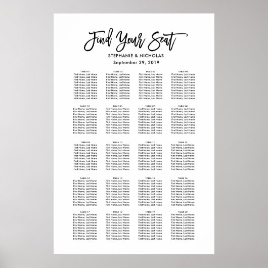 手書きシック結婚シーティングチャート ポスター (正面)