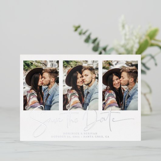 手書きシルバーフォイル大理石日付を保存 箔招待状 (立ち正面)