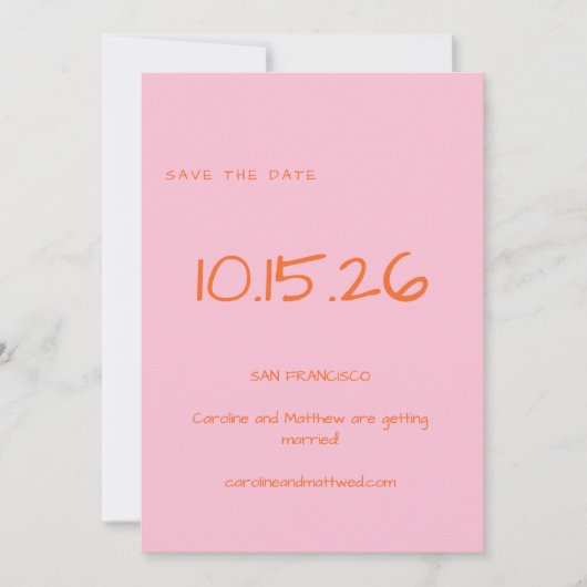 手書きシンプルミニマルウェディングピンクオレンジ セーブザデート (正面)