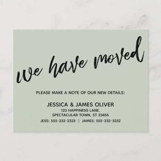 手書きシンプル引っ越しましたタイポグラフィセージ ポストカード (正面)
