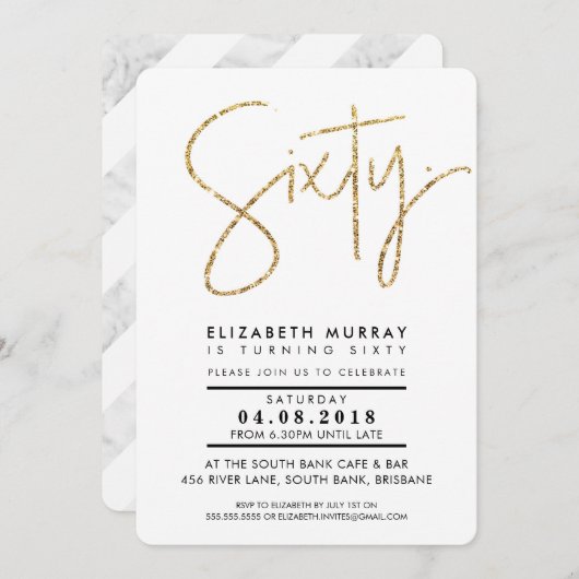 手書きシンプル金ゴールドグリッター60日 招待状 (正面/裏面)