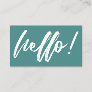 手書きスクリプトのミニマルなターコイズの背景に白い"Hello" 名刺