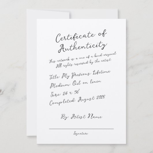 手書きスクリプトのCertificate of Authenticity 招待状 (正面)