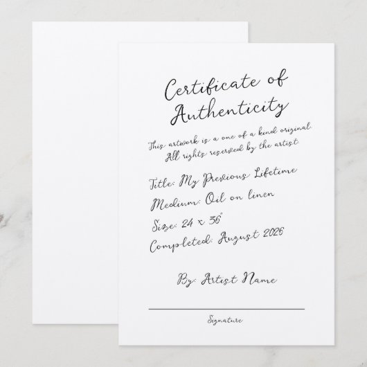 手書きスクリプトのCertificate of Authenticity 招待状 (正面/裏面)