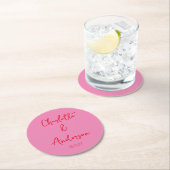 手書きスクリプトウィムシーピンク赤カスタムウェディング ラウンドペーパーコースター (インサイチュ)