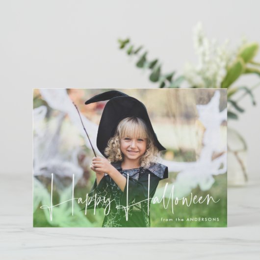 手書きスクリプトグリーンハッピーハローウィン写真 シーズンカード (スタンド正面)