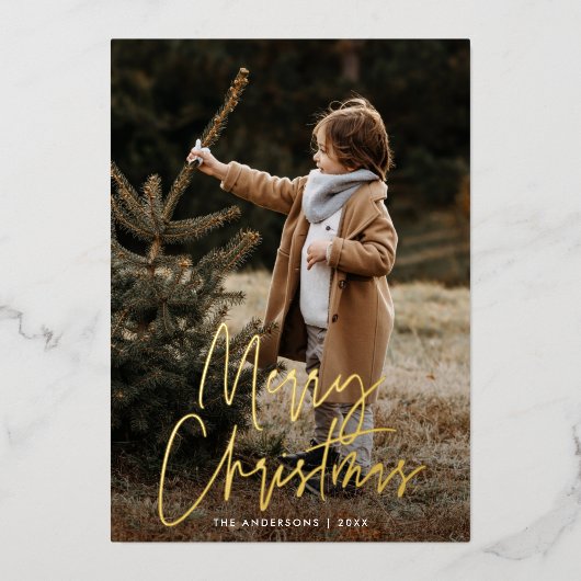 手書きスクリプトグリーンメリークリスマスフォト 箔シーズンカード (正面)