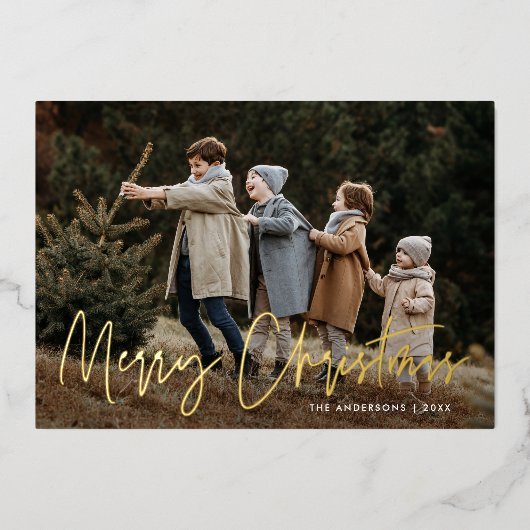 手書きスクリプトグリーンメリークリスマスフォト 箔シーズンカード (正面)