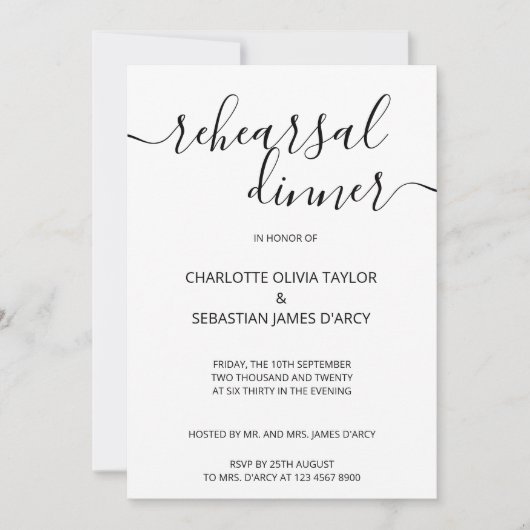 手書きスクリプトタイポグラフィリハーサルディナー 招待状 (正面)