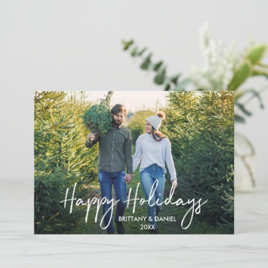 手書きスクリプトハッピーホリデーズカップルの写真 シーズンカード (スタンド正面)