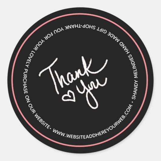 手書きスクリプトビジネスありがとうピンクハート ラウンドシール (正面)