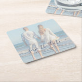 手書きスクリプトフォトウェディング日付の保存 スクエアペーパーコースター (アングル)