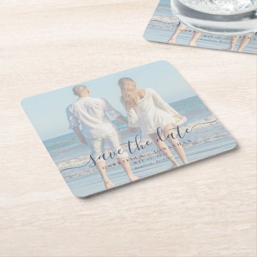 手書きスクリプトフォトウェディング日付の保存 スクエアペーパーコースター (アングル)