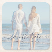 手書きスクリプトフォトウェディング日付の保存 スクエアペーパーコースター (正面)