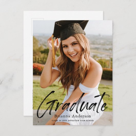 手書きスクリプトフォト卒業のお知らせ 案内ポストカード (正面/裏面)