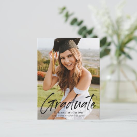 手書きスクリプトフォト卒業のお知らせ 案内ポストカード (スタンド正面)