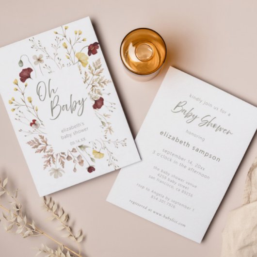 手書きスクリプトフローラフレームベビーシャワー 招待状