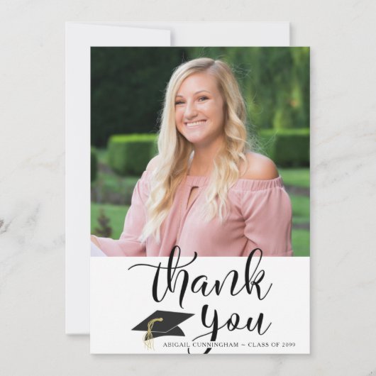 手書きスクリプトブラック&ホワイトの卒業写真 サンキューカード (正面)