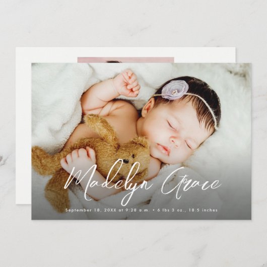 手書きスクリプトベビーガール名フォト誕生 案内状 (正面/裏面)