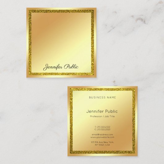 手書きスクリプトモダン金ゴールドグリッターエレガント スクエア名刺 (正面/裏面)