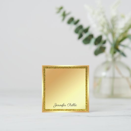 手書きスクリプトモダン金ゴールドグリッターエレガント スクエア名刺 (スタンド正面)