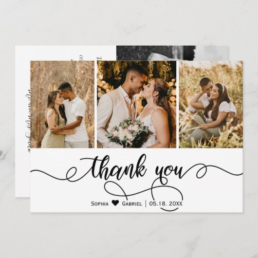 手書きスクリプト結婚のフォトコラージュ サンキューカード (正面/裏面)